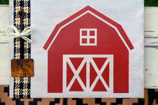 Red Barn with Shovel Shelf Décor